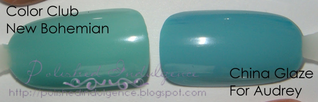 China Glaze For Audrey is more blue and Color Club New Bohemian is more green