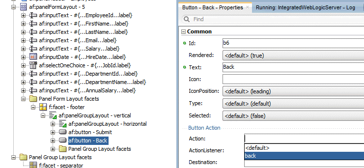 PI showing Button properties with Action property dropdown and back selected.