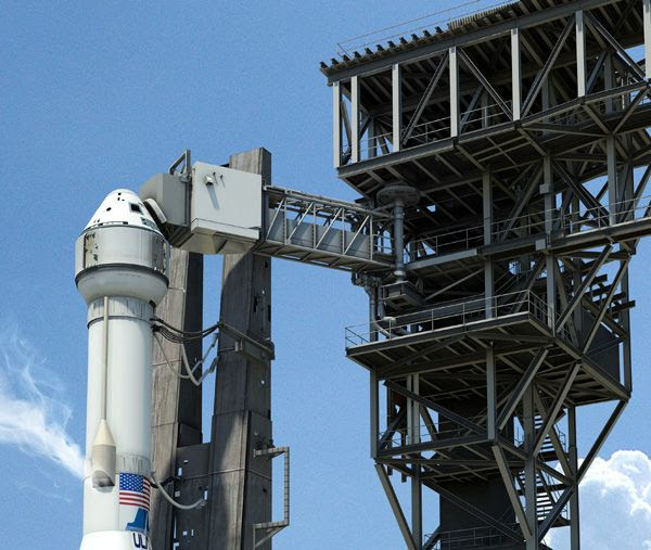An artist's concept of the crew access tower that astronauts will use to board Boeing's CST-100 spacecraft at the Atlas V launch pad...at Cape Canaveral Air Force Station in Florida.
