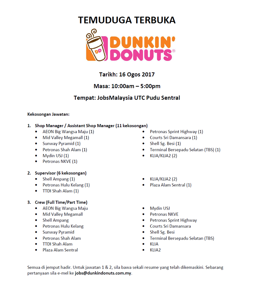 Jobs at Dunkin'Donuts Malaysia - Iklan Jawatan Kosong