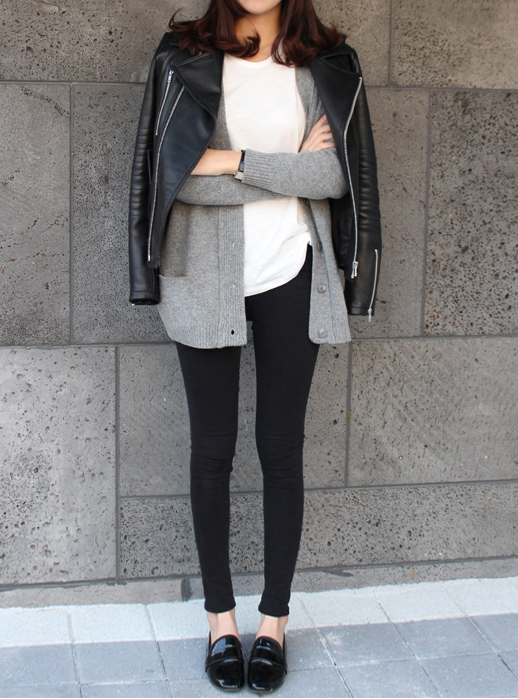 Le Fashion Blog Weekend Style Inspiration Casual Leather Jacket Grey Cardigan Sweater Skinny Jeans Patent Loafers Via Death By Elocution photo Le-Fashion-Blog-Weekend-Style-Inspiration-Casual-Leather-Jacket-Grey-Cardigan-Sweater-Skinny-Jeans-Patent-Loafers-Via-Death-By-Elocution.png