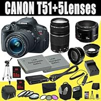 Canon EOS Rebel T5i 18 MP CMOS Digital SLR Camera w/EF-S 18-55mm f/3.5-5.6 IS STM Lens + EF 75-300mm f/4-5.6 III Telephoto Zoom Lens + Canon EF 50mm f/1.8 II SLR Lens + Two LP-E8 Replacement Lithium Ion Battery + External Rapid Charger + 8GB + 16GB SDHC Class 10 Memory Card + 58mm Wide Angle Lens + 2x Telephoto Lens + 3 Piece Filter Kit + Macro Close Up Kit + Mini HDMI Cable + Carrying Case + Backpack + Full Size Tripod + External Flash + SDHC USB Reader + Deluxe Starter Kit DavisMAX Bundle