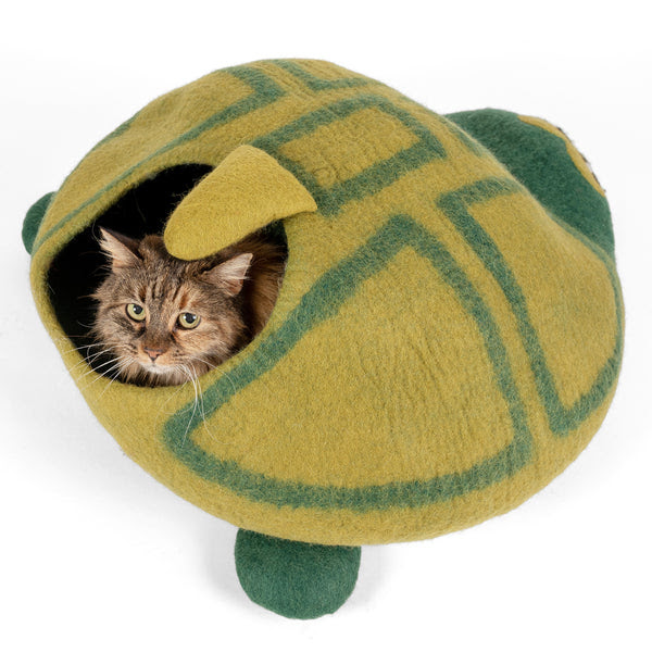 Handmade, 100% Wool, Yellow Turtle Cat Cave Bed - TwinCritters