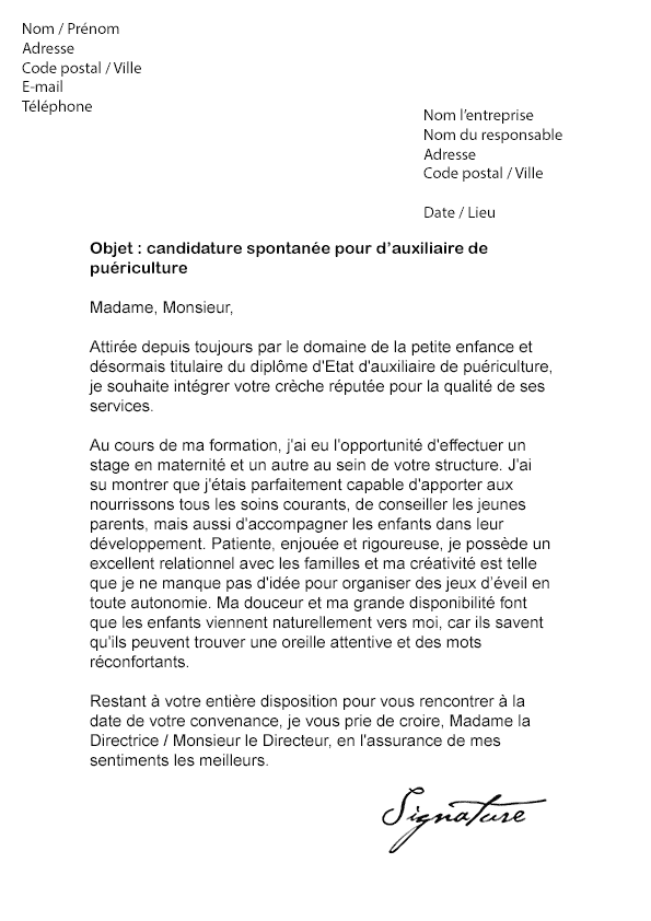 Lettre de motivation Auxiliaire de puériculture - Modèle 