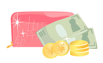 フリー素材 ピンクの長財布とお金を描いたフリーイラスト