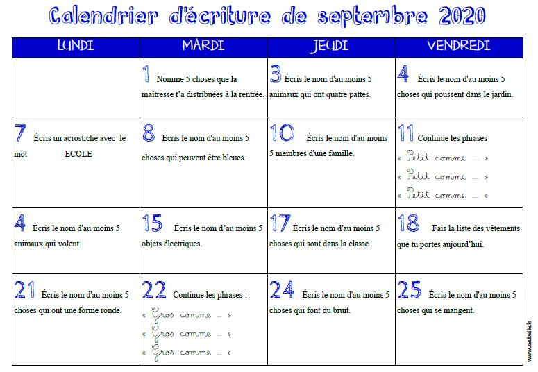 calendrier d écriture ce1 2021 2022