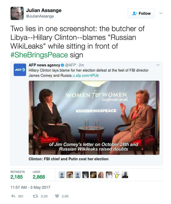 Julian Assange condemns Hillary Clinton after Wikileaks 