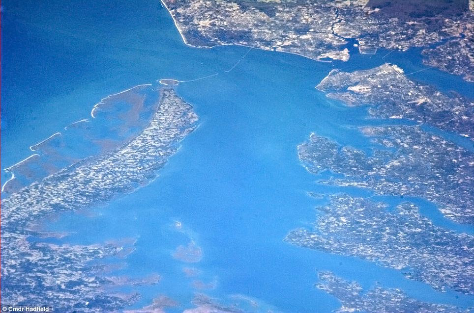 'Back on the East Coast, the Chesapeake Bay from orbit. You can even see the causeway'
