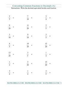 Converting Common Fractions to Decimals (A) Worksheet for 4th ...