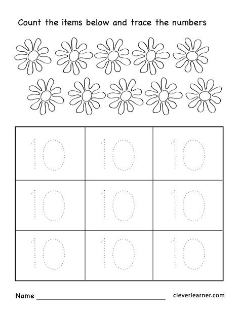  number ten writing counting and identification printable worksheets