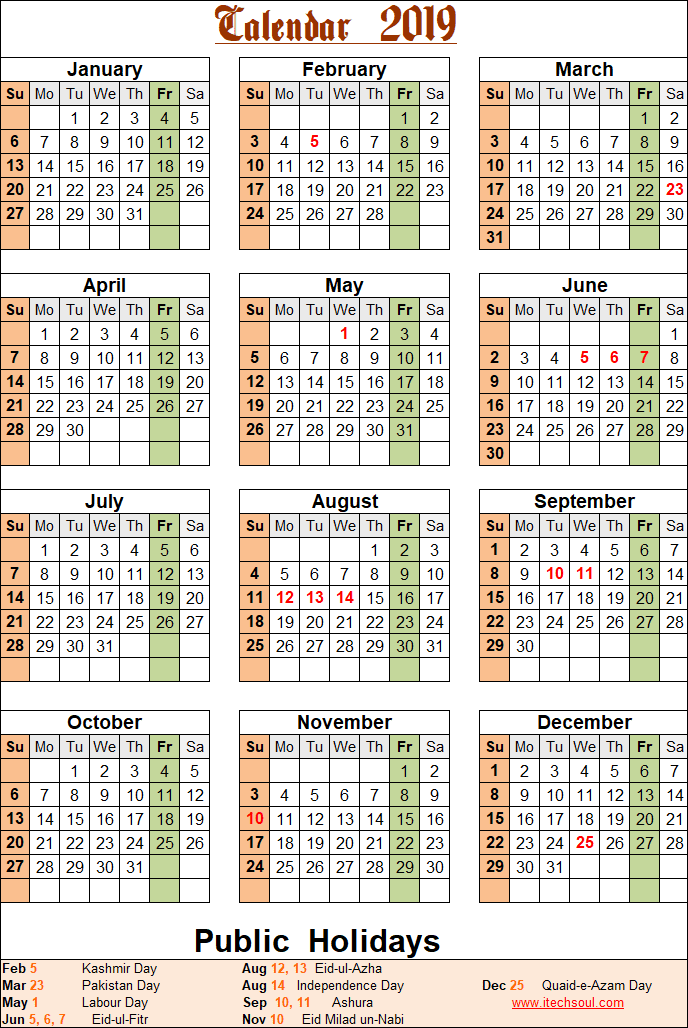 Colorized / Black & White Printable Calendar 2019 