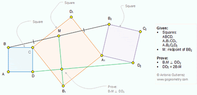 Geometry Problem 1282 Three Squares, Common Vertex, Midpoint, Perpendicular, 90 Degrees.