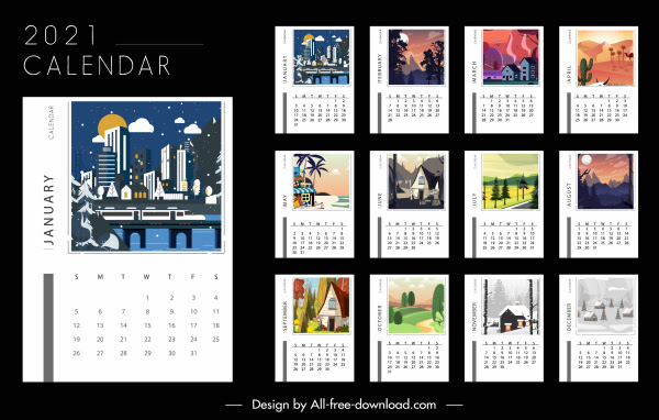 2021 Template Kalender Dekorasi Lanskap Desain Warna warni 2021 Template Kalender Dekorasi Lanskap Desain Warna warni
