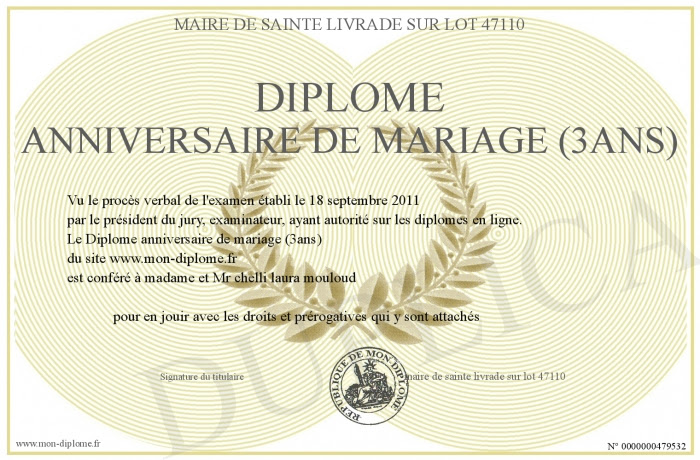 Diplome Anniversaire De Mariage 3ans