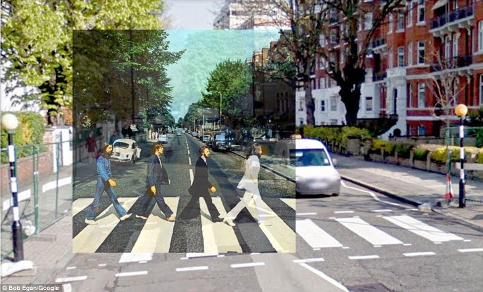By working out the angles, Egan super-imposes The Beatles' Abbey Road album onto the present-day location. The cover was designed by Apple Records creative director Kosh. It is the only original UK Beatles album sleeve to show neither the artist name nor the album title on its front cover, which was Kosh's idea, despite EMI claiming the record would not sell without this information. He later explained that 'we didn't need to write the band's name on the cover - They were the most famous band in the world.'