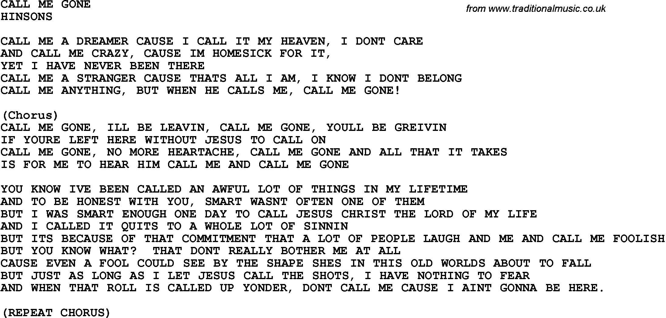 Country Southern And Bluegrass Gospel Song Call Me Gone Lyrics