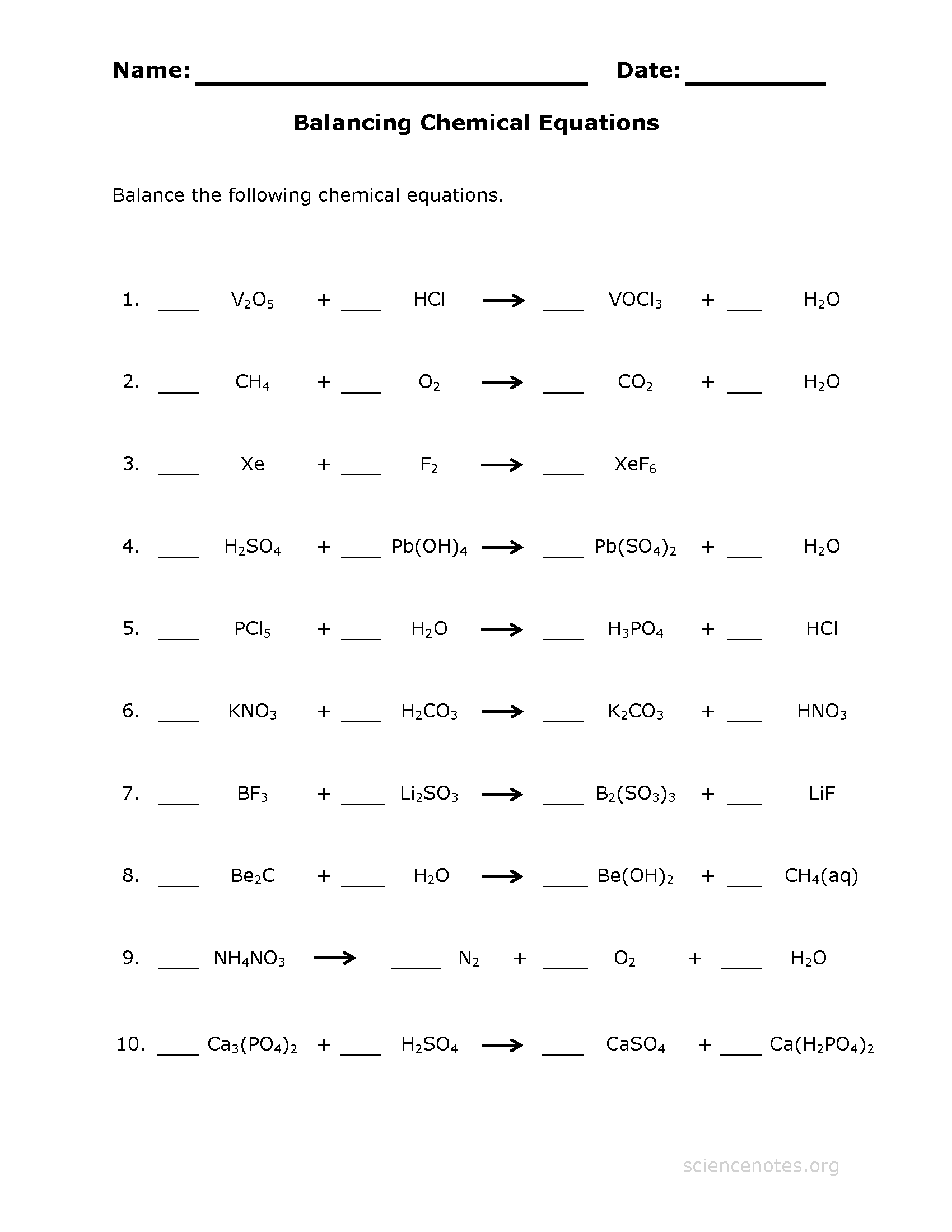 Balance Chemical Equations Worksheet