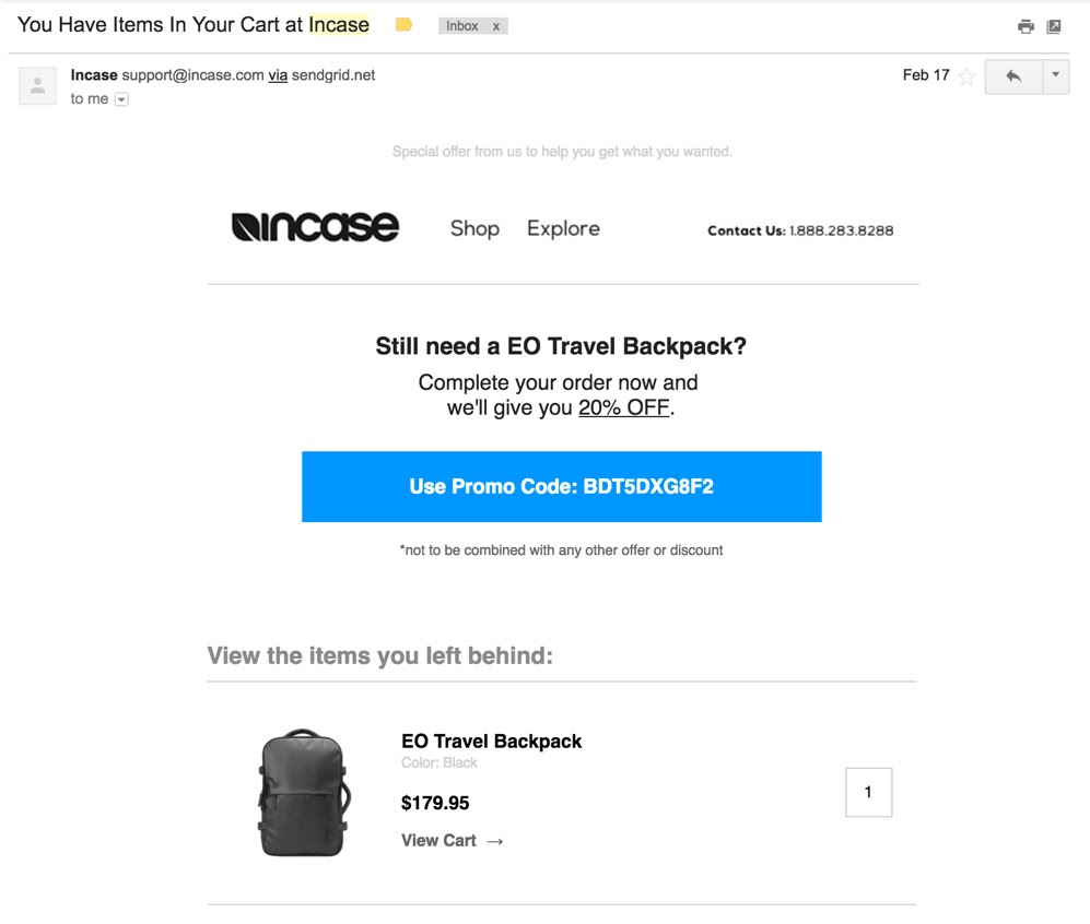 incase abandoned cart email