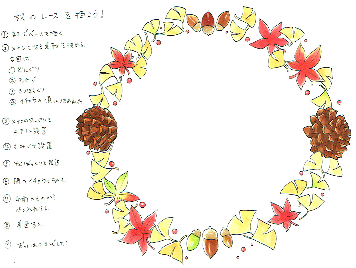 秋モチーフ 秋リースを描こう 超初心者でも描けるかわいいイラスト講座
