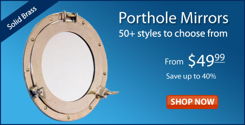Nautical wall decor, ship wheels, porthole mirrors, bells ...