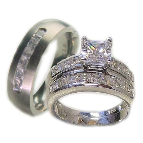 3 Pieces His & Her 925 Sterling Silver White Gold Plated & Titanium Matching Engagement Wedding Bridal Ring Set. Available Sizes (Men's 8-13); (Women's Set: 5-10) Whole & Half Sizes. Please Email Us with Your Sizes.