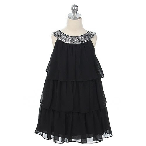 Sweet Kids Little Girls Black Tiered Sequined Holiday Party Dress 5 : 