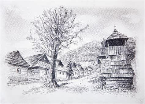 vintage mountain oldtime willage  wooden houses  belfry pencil