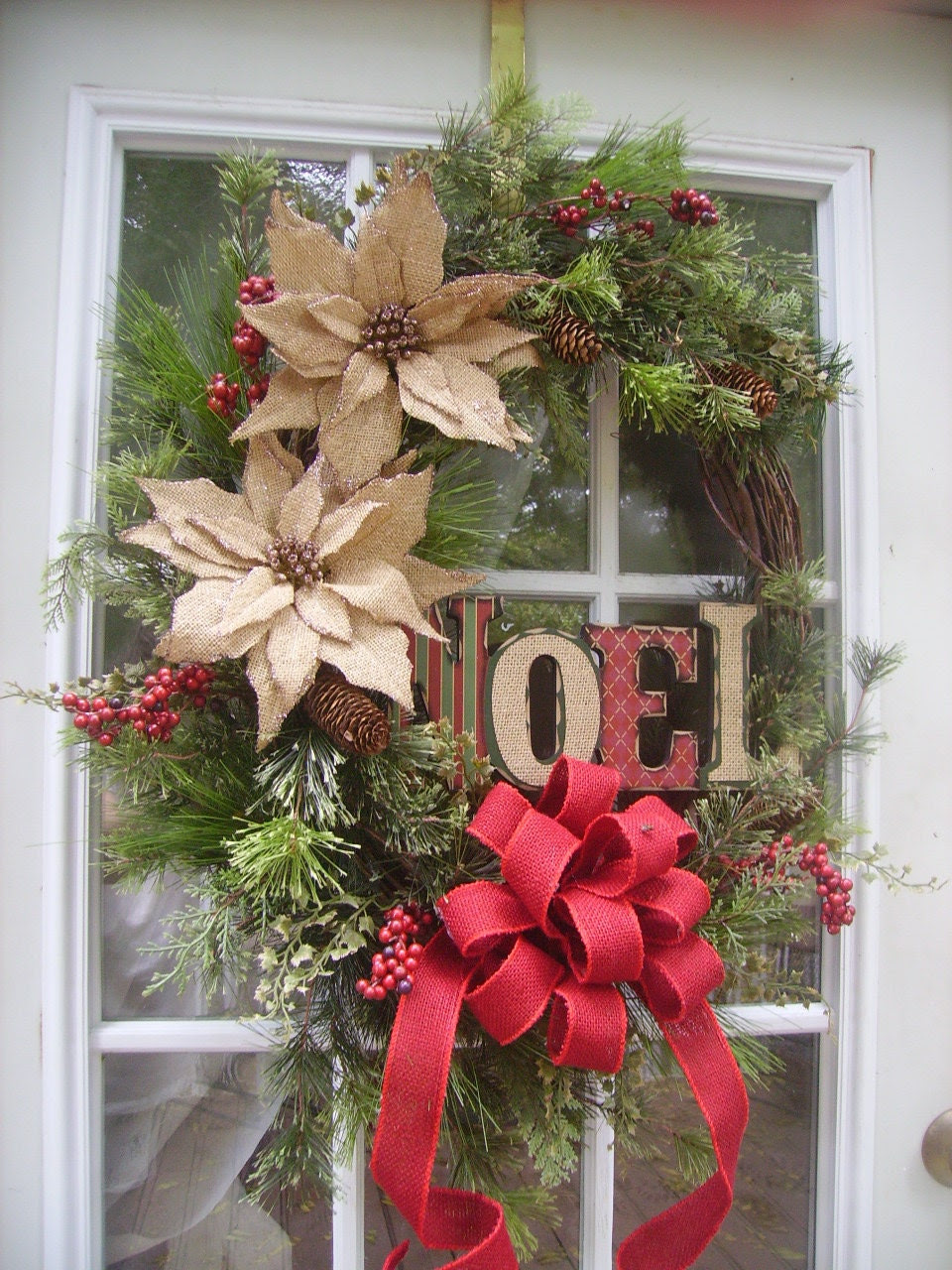 Christmas Door Wreath with Burlap Poinsettias and Bow Noel Sign Burlap letters Mixed Pines and Cedar