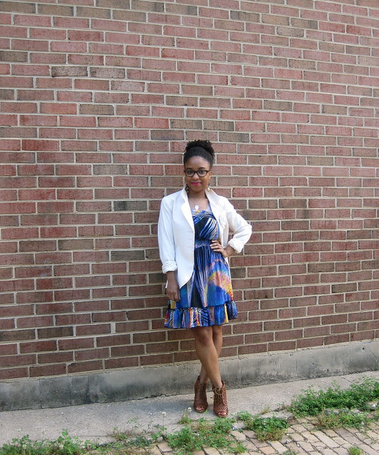 cobalt dress and white blazer 2