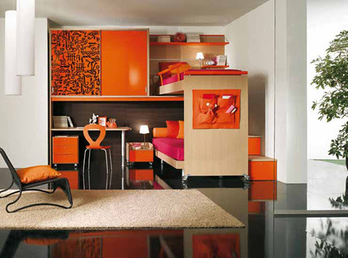 Interior decorating kids bedroom with loft bed, kids furniture