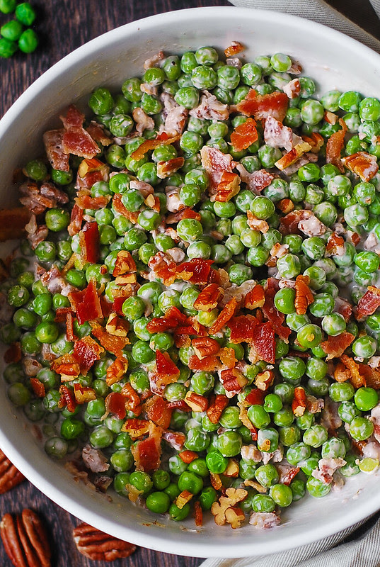 healthy gluten free pea salad, creamy pea salad with nuts and bacon, creamy autumn salad