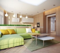 The kitchen and main living area is quite open with windows running the length of one of its walls. Cleverly placed indoor plantings separate the large lime sectional and nesting coffee tables from the small but sleek kitchen. Wood paneled walls match hardwood floors while creative built in shelving acts as both storage and display.