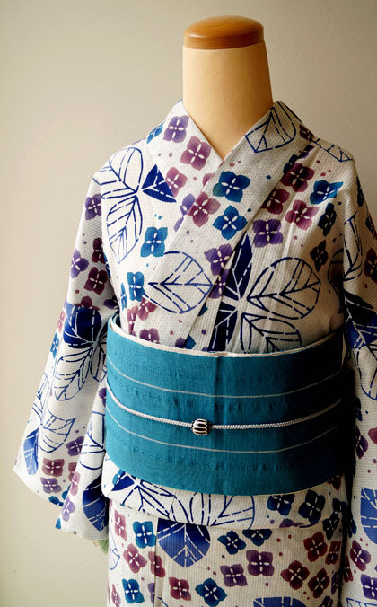 浴衣 紫陽花柄浴衣とターコイズブルーの半幅帯 Kimono 着物 Jpg