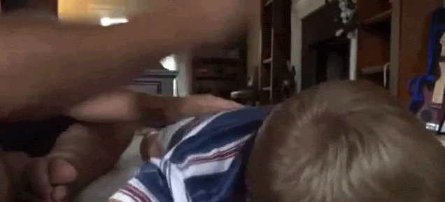 Dad makes crazy sound effects by playing drums on his kid's back