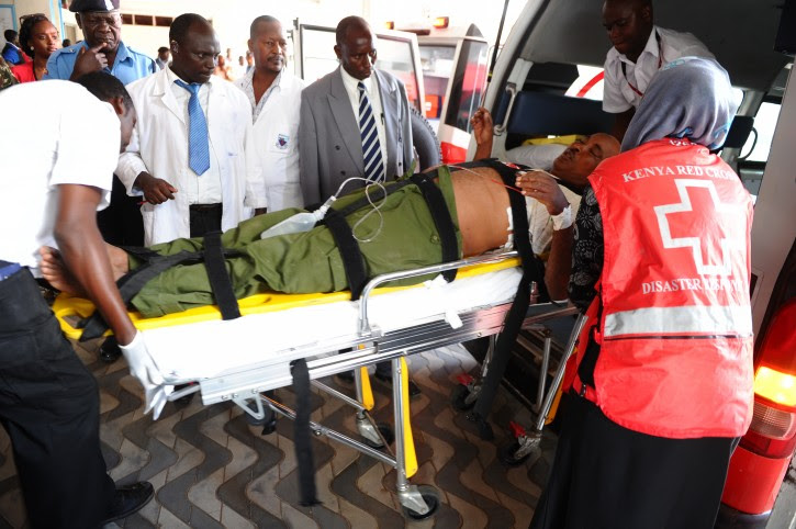 Medics help an injured person at Kenyatta national  Hospital in Nairobi, Kenya, Thursday, April , 2, 2015 , after being airlifted from Garissa after an attack by gunmen at Garissa University College in northeastern Kenya on Thursday morning.  AP