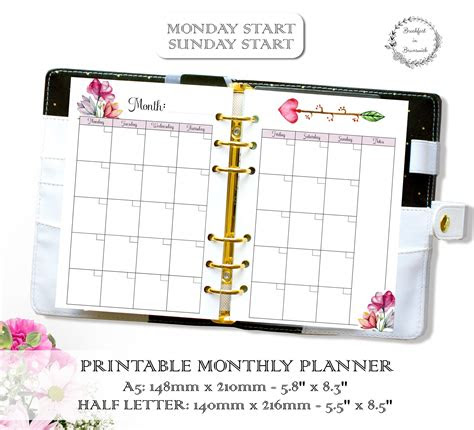  printable planner monthly calendar a5 monthly insert undated etsy