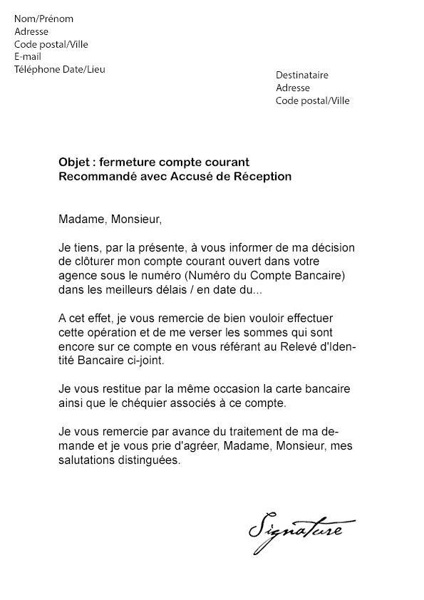 Lettre de résiliation Compte Courant - Modèle de Lettre