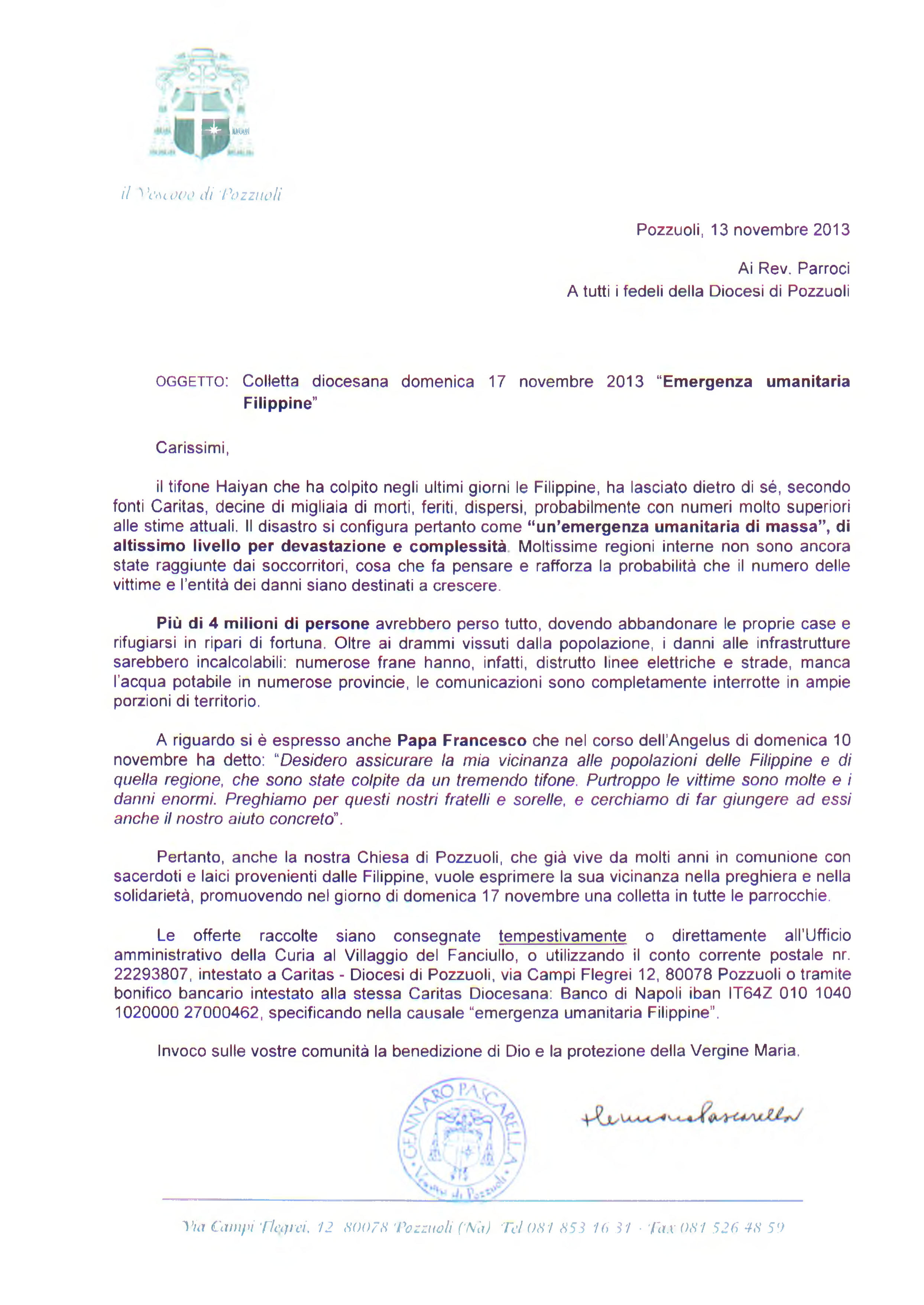 Lettera del Vescovo di Pozzuoli per l'Emergenza umanitaria ...