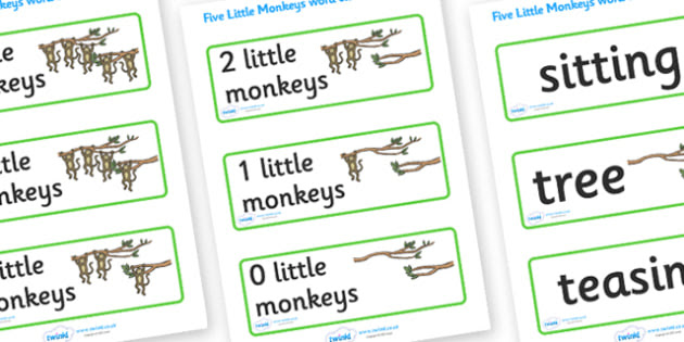 5 Little Monkeys Word Cards - 5 Little Monkeys, nursery rhyme