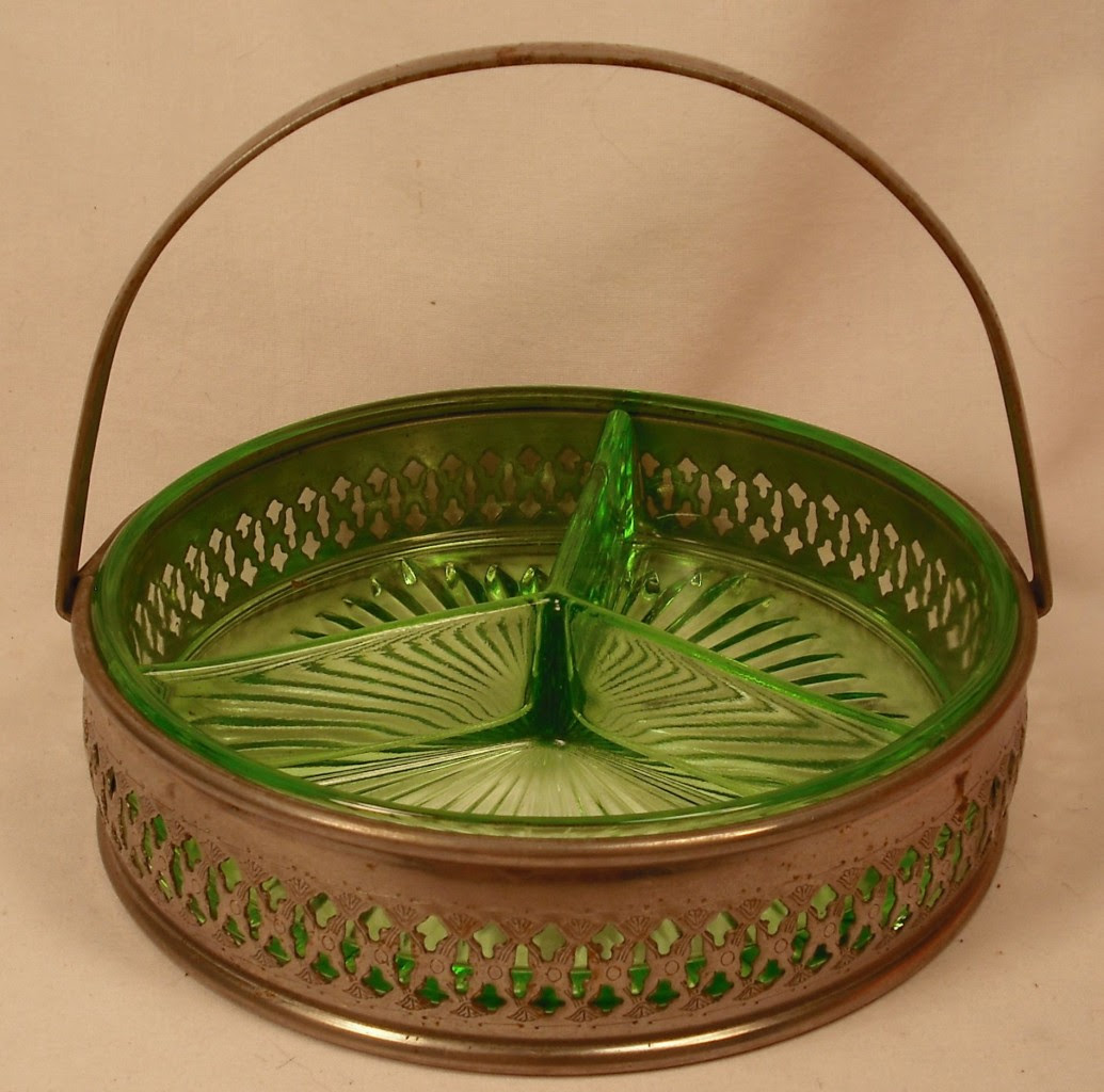 Lovely GREEN DEPRESSION GLASS CANDY DISH in BASKET (O) | eBay