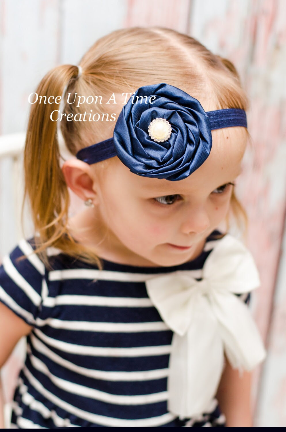 Navy Blue and Ivory Pearl Satin Flower Headband - Newborn Baby Hairbow - Little Girls Spring Hair Bow - Easter Photo Prop - Wedding Shade