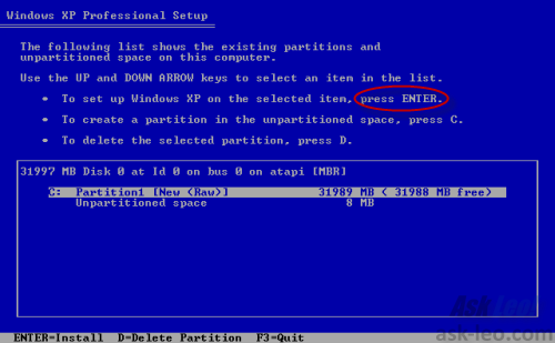 Windows XP Setup partition selection