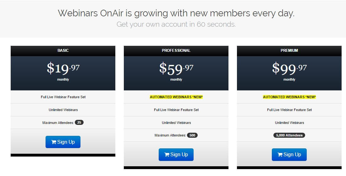 precios Webinar on air
