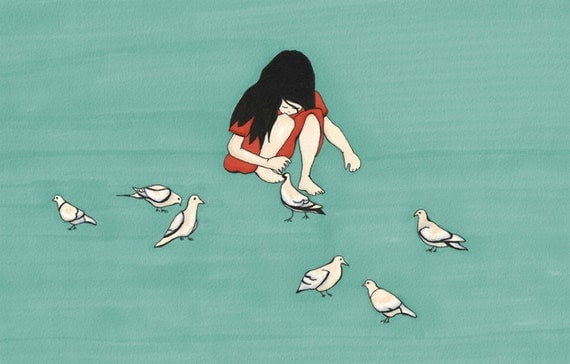 Birds Art Print - NURTURING (blue red version)