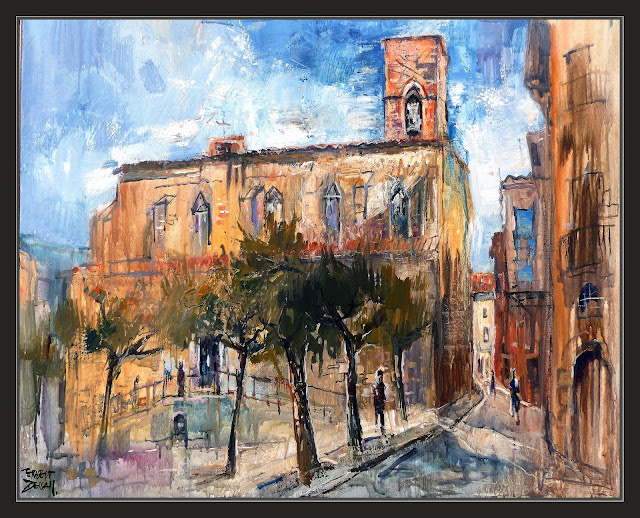 SANTPEDOR-PINTURA-PLAÇA-ESGLÉSIA-POBLES-BAGES-CATALUNYA-QUADRES-ARTISTA-PINTOR-ERNEST DESCALS-