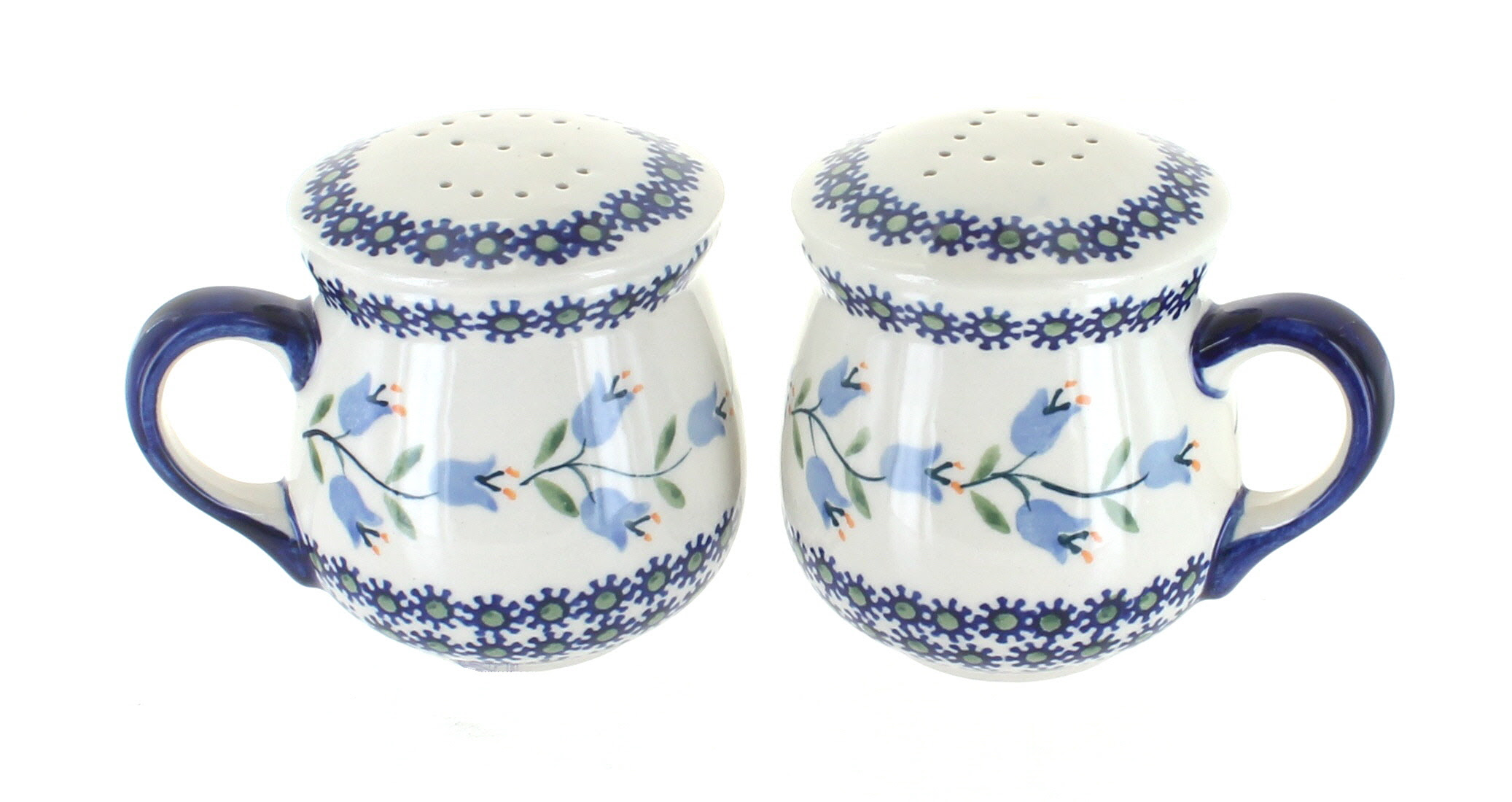 Blue Rose Polish Pottery Tulip Salt Pepper Shakers With Handles