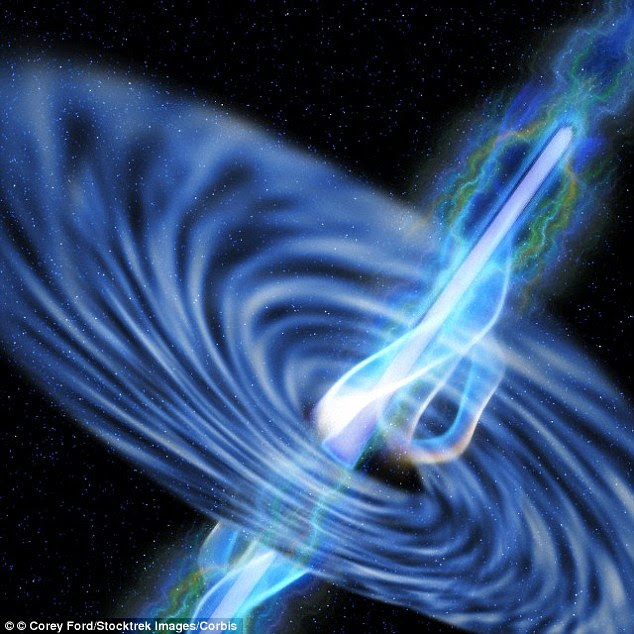 These black holes are surrounded by spinning discs of extremely hot material that is often spewed out in long jets along their axes of rotation (artist's impression pictured)