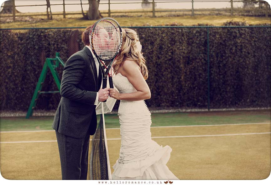 Bride and Groom kiss after playing tennis - Bride and Groom Photoshoot - Maison Talbooth Dedham Wedding Photography Essex - Sian and James - Hello Romance Wedding Photography Fun Vintage wedding photography 