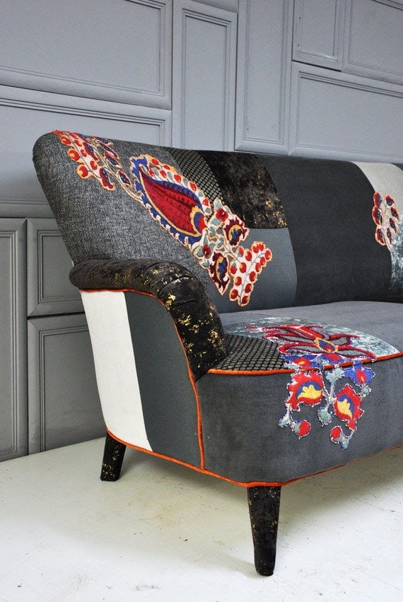 gray & brown patchwork sofa