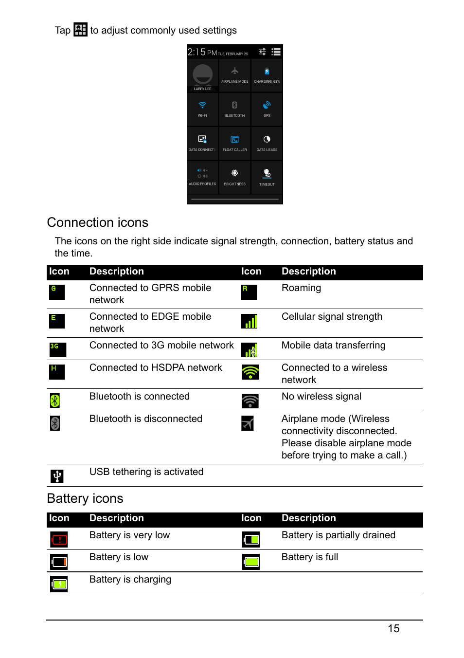 Connection icons, Battery icons | Acer Z160 User Manual